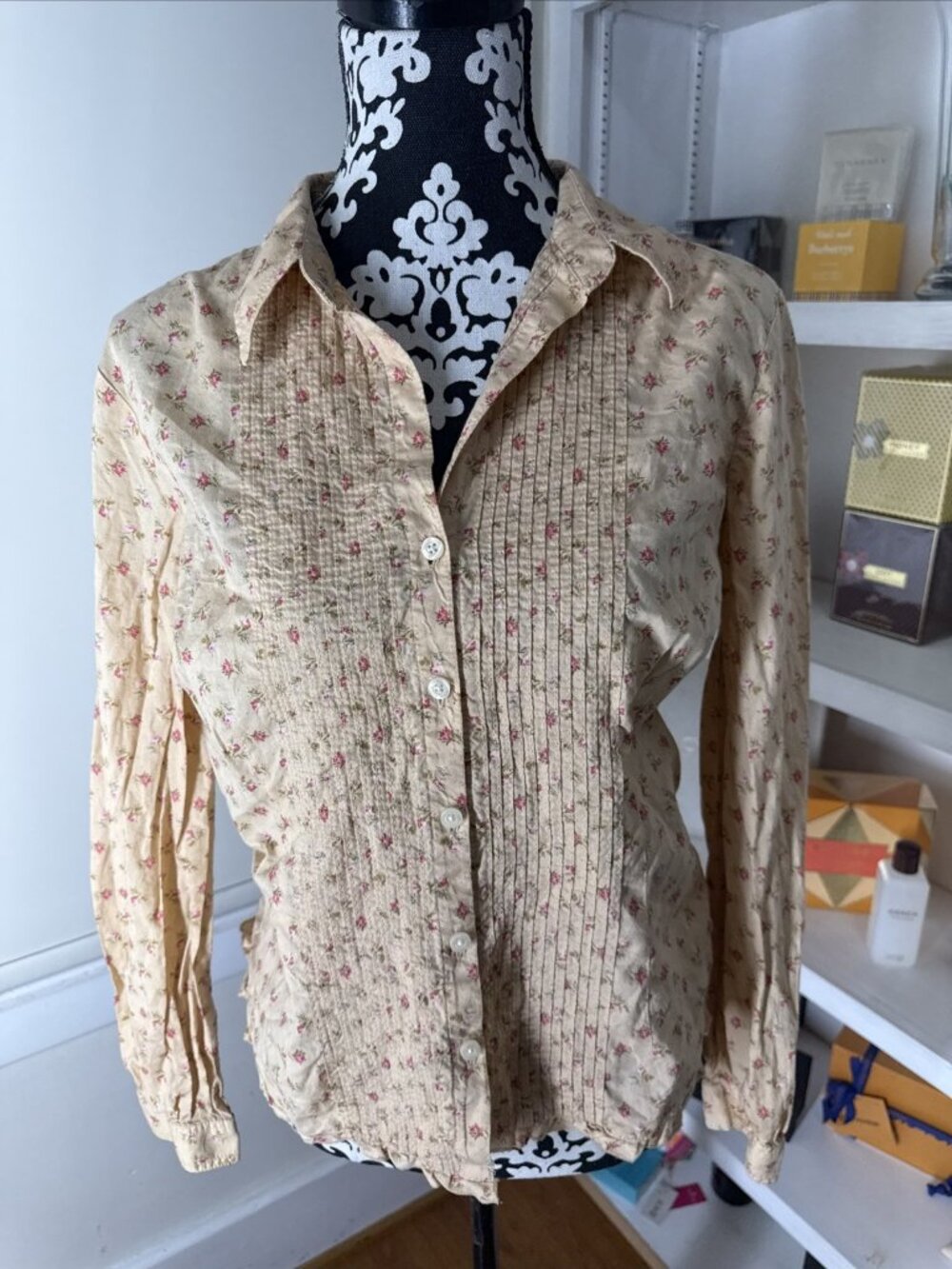 VTG Tommy Hilfiger Cotton Smock Floral Ruffle Pleated Button Long Sleeve Large